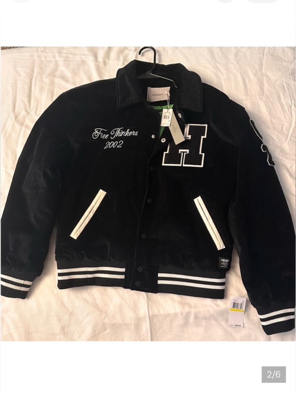 Hudson Jeans Black Corduroy Letterman Jacket with White Piping - Picture 2 of 3